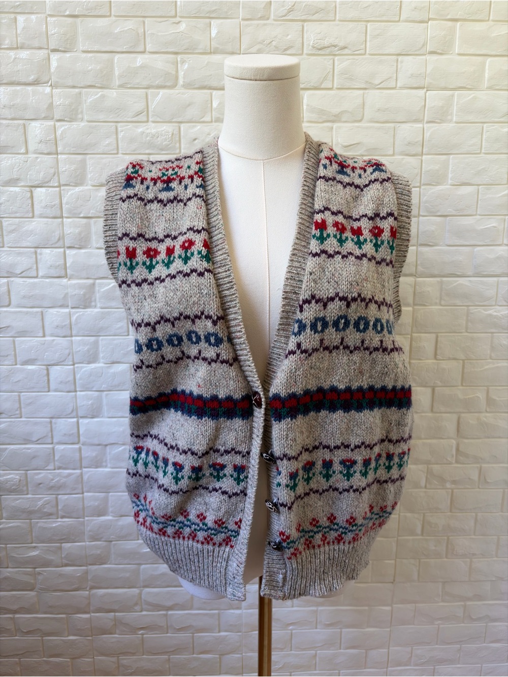 Lands' End Gray Fair Isle Knit Vest with Multicolor Accents